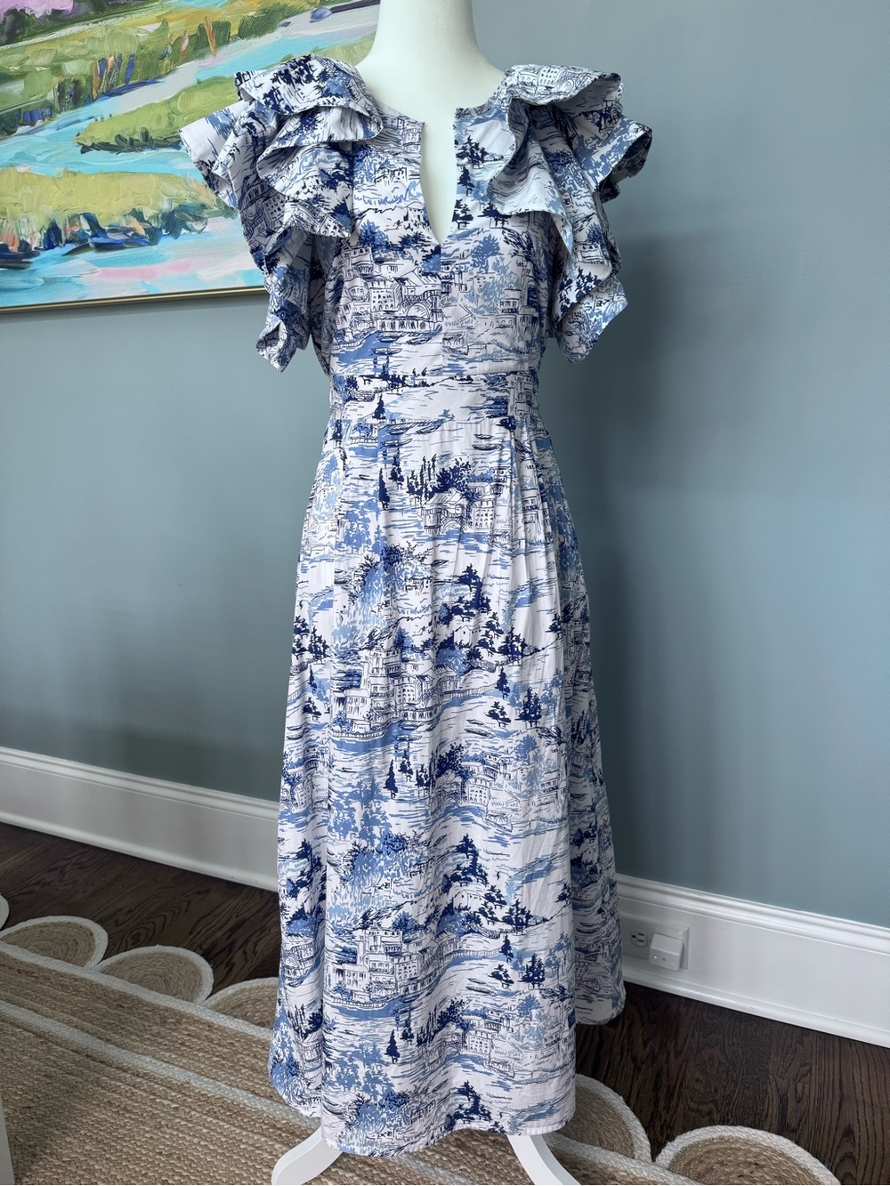 Sugarlips Blue and White toile Ruffle Sleeve Maxi Dress size XS